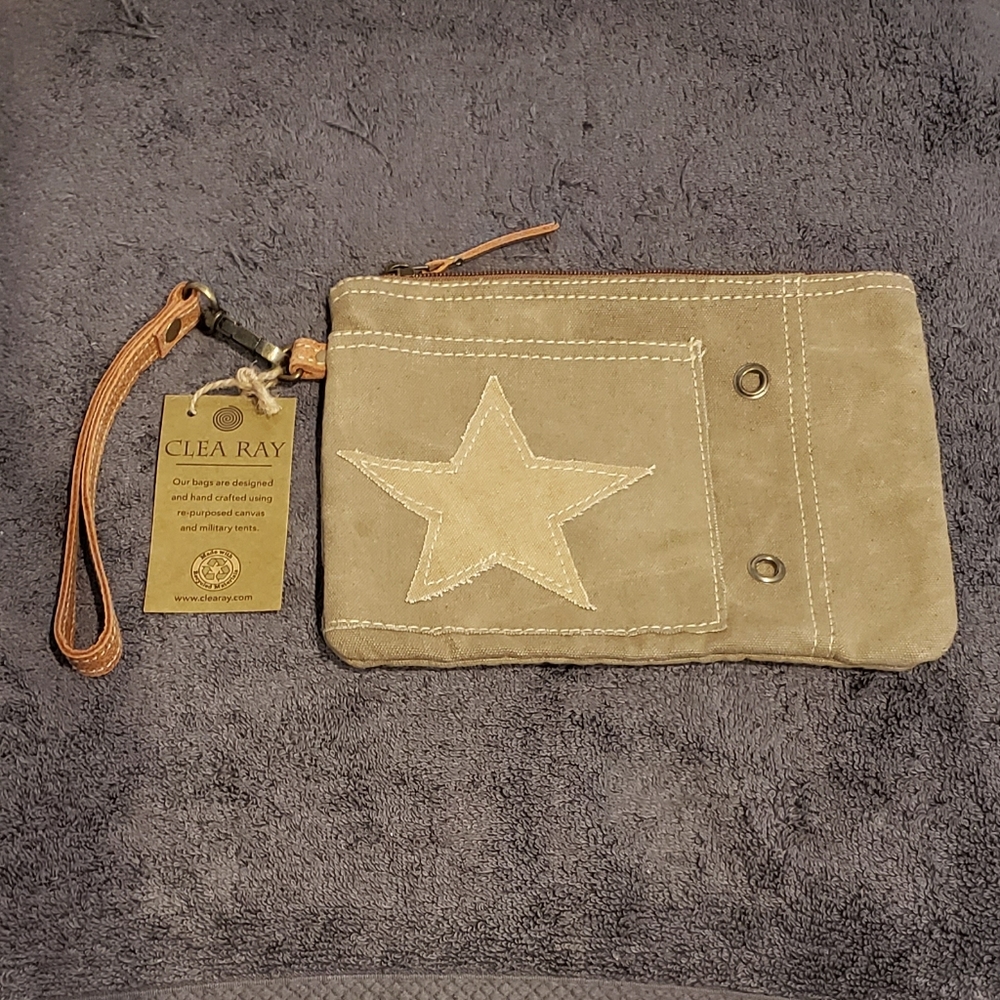 Clea Ray Army Green & Star Repurposed Canvas Wristlet NWT